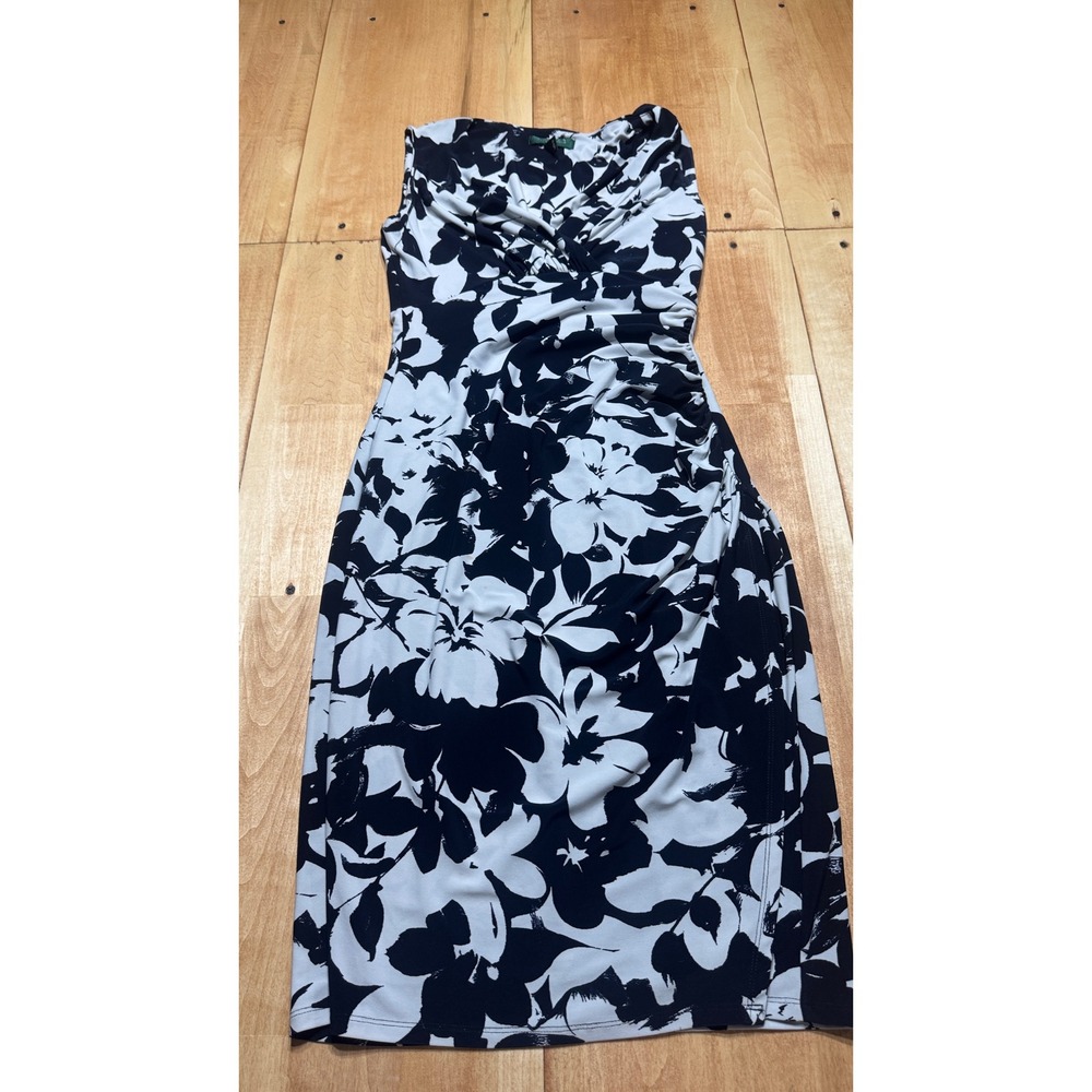 Lauren Ralph Lauren Navy Blue White Floral Ruched Sheath Dress Womens size 2